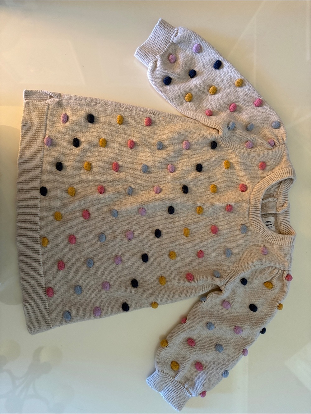 Baby GAP Cream Crewneck Sweater with Multicolor Pom-Dot Detail